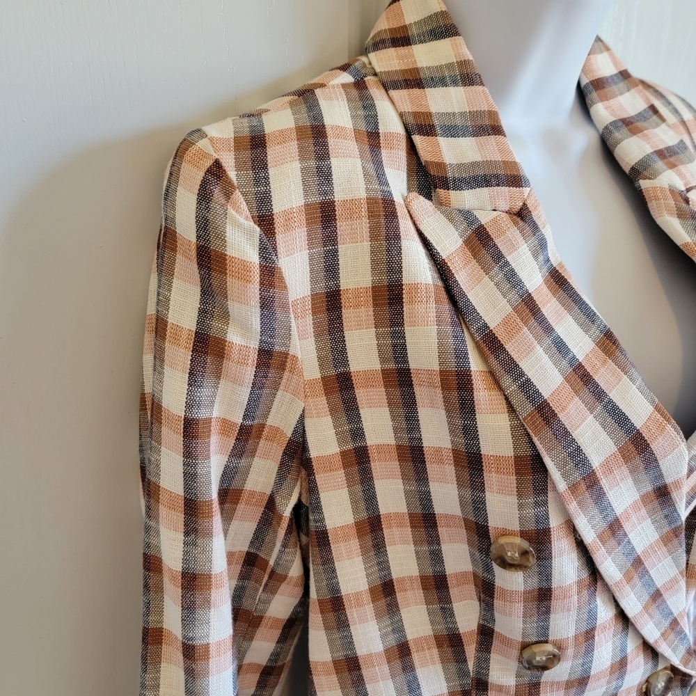 Joie Plaid Womens Cotton Blend Button Lined Blazer Jacket Tan Cream Navy Size M - Picture 4 of 11